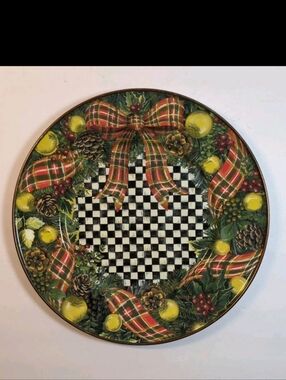 MacKenzie Childs Evergreen Courtly Check Enamel Salad Dessert Plate 8" Retired